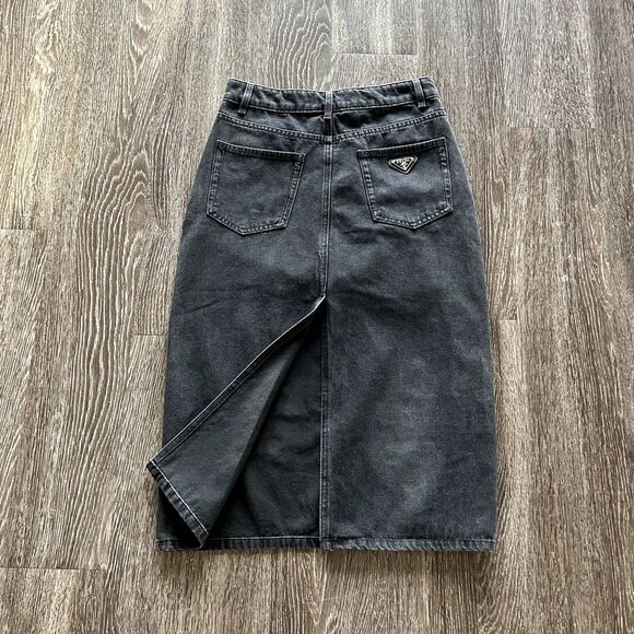 Prada Black Long Denim Midi Skirt Button Fly Size 4 US EUC - Picture 5 of 16